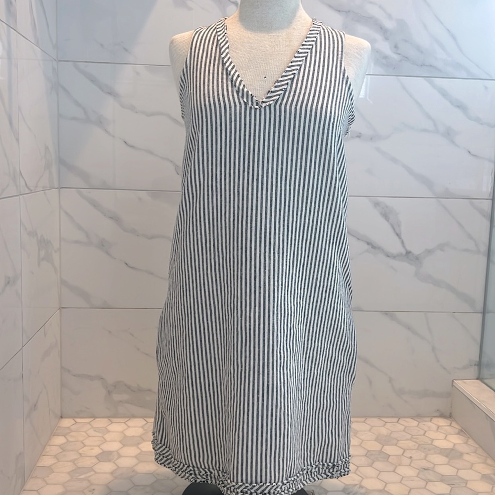 Natalie Busby Mod Organic Cotton Striped Sleeveless V Neck Dress Women’s Size S